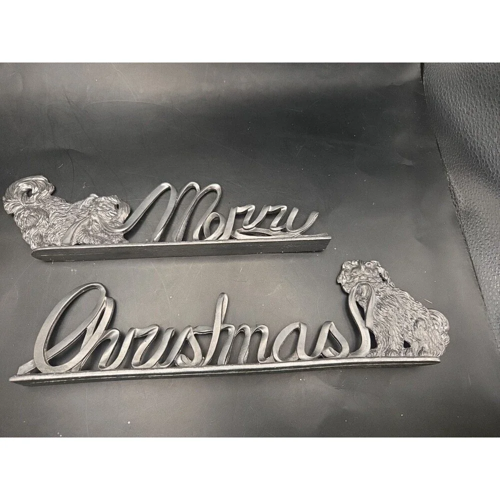 Metzke Pewter Vintage 2 Piece Merry Christmas  Dogs Pulling Ribbon for Mantle